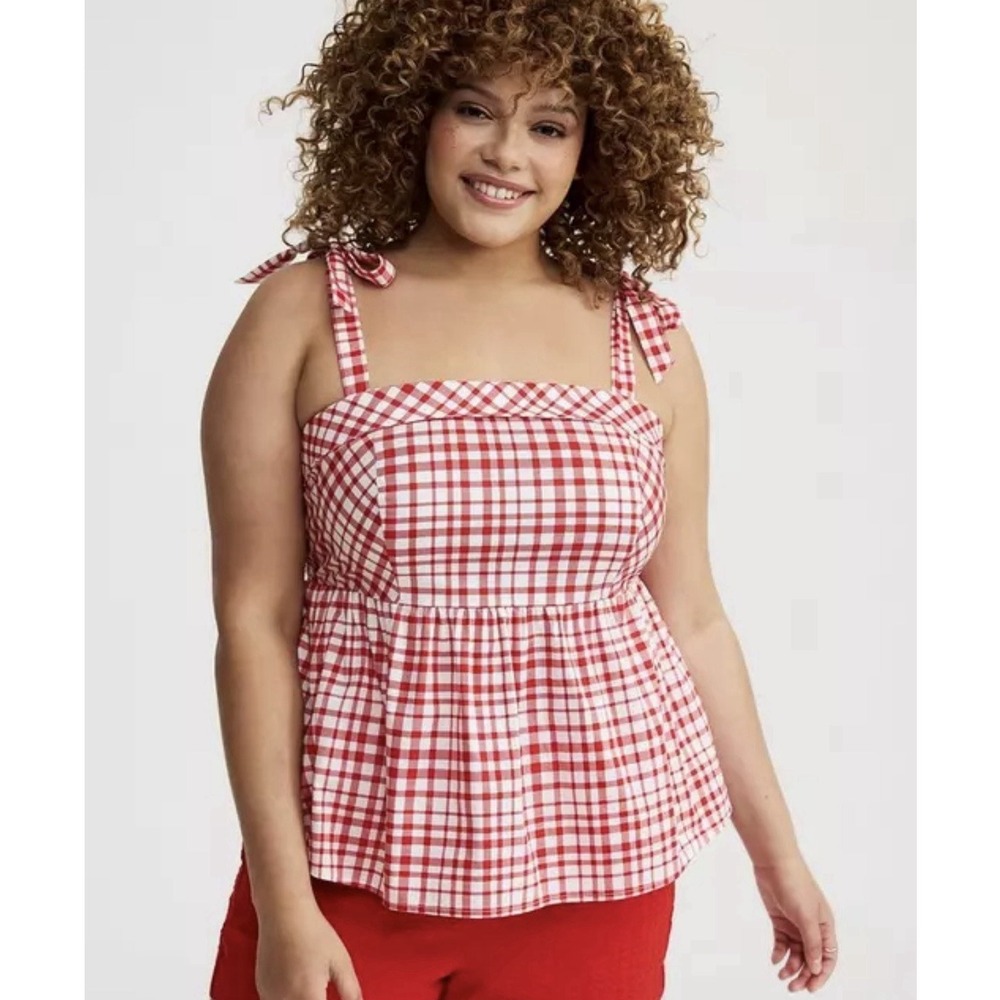 Torrid Red Gingham Poplin Peplum Tie Strap Top Size 3X Picnic Boho Feminine